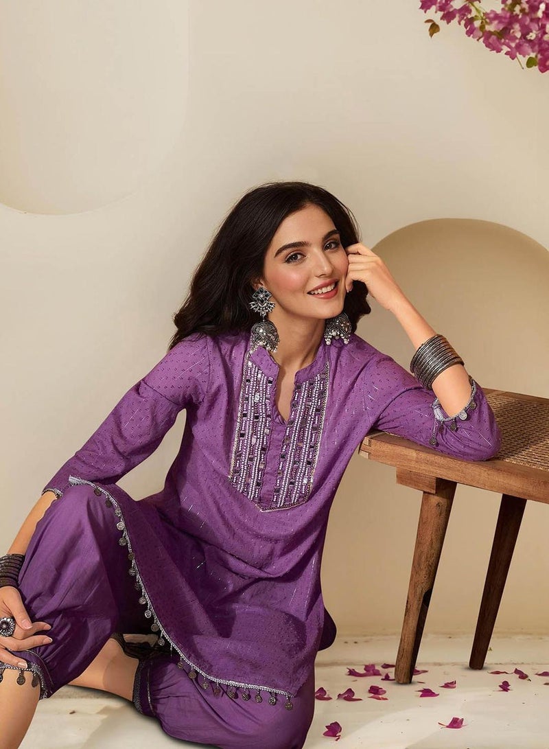 ISHIN Women's Lilac 100% Cotton Embellished Tunic Full Length Palazzo Straight Fit Kurta Set  - Image 1