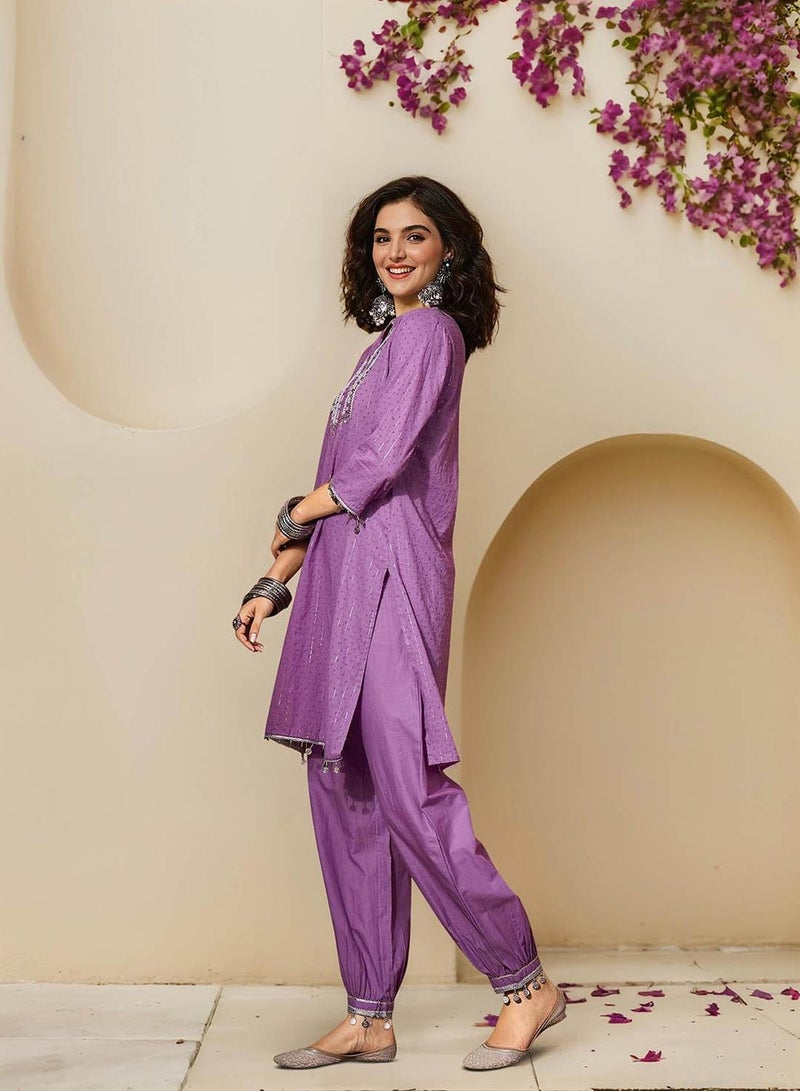 ISHIN Women's Lilac 100% Cotton Embellished Tunic Full Length Palazzo Straight Fit Kurta Set  - Image 3