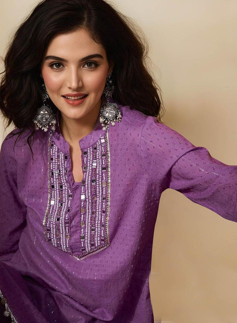 ISHIN Women's Lilac 100% Cotton Embellished Tunic Full Length Palazzo Straight Fit Kurta Set  - Image 5