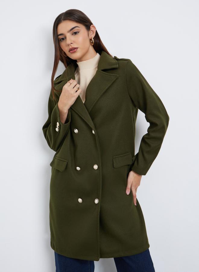Styli Olive Regular Fit Double Breasted Wool Like Coat - Image 3