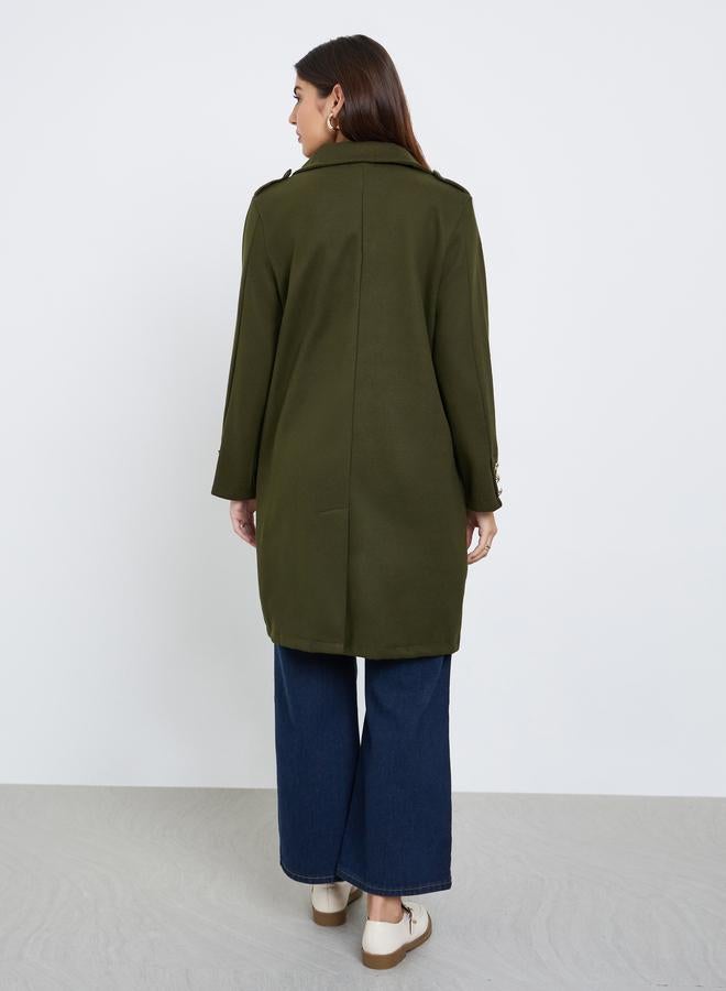 Styli Olive Regular Fit Double Breasted Wool Like Coat - Image 5