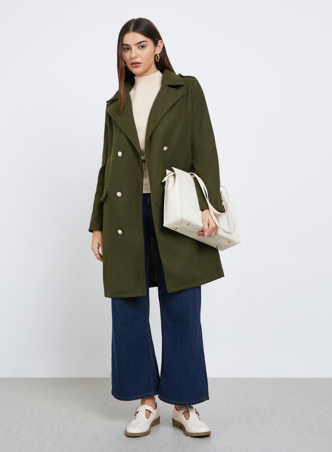 Styli Olive Regular Fit Double Breasted Wool Like Coat - Image 2