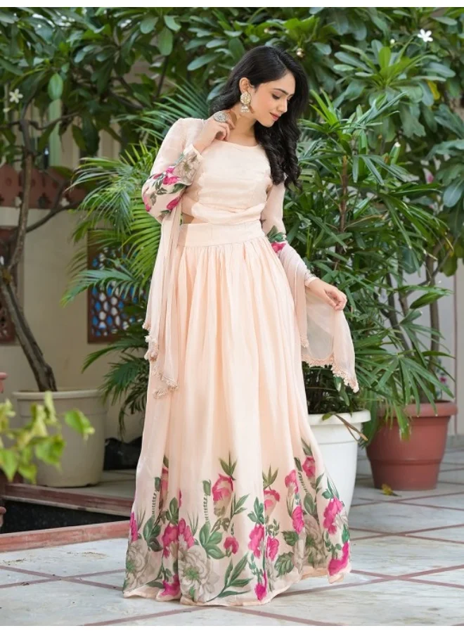 AKS Peach Floral Print Lehenga Choli With Dupatta