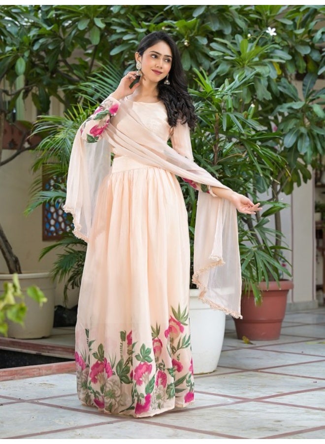 AKS Peach Floral Print Lehenga Choli With Dupatta - Image 1