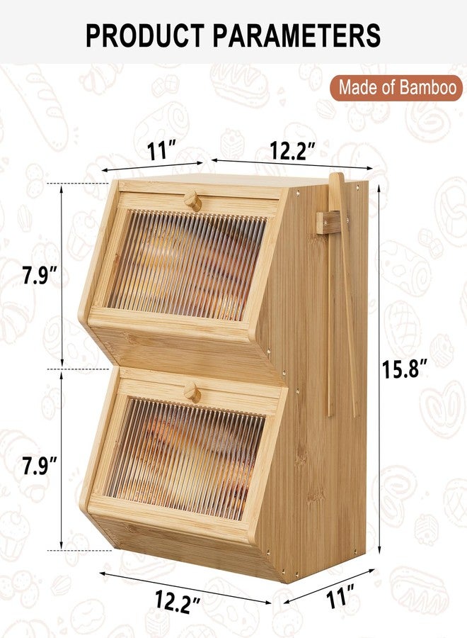 WOWLIVE Double Layer Bread Box for Kitchen Countertop, Large Bamboo Bread Storage Container for Homemade Bread, Farmhouse Bread Holder for Kitchen Counter Cabinet, Pantry, Cupboard (Natural, Medium) - Image 2
