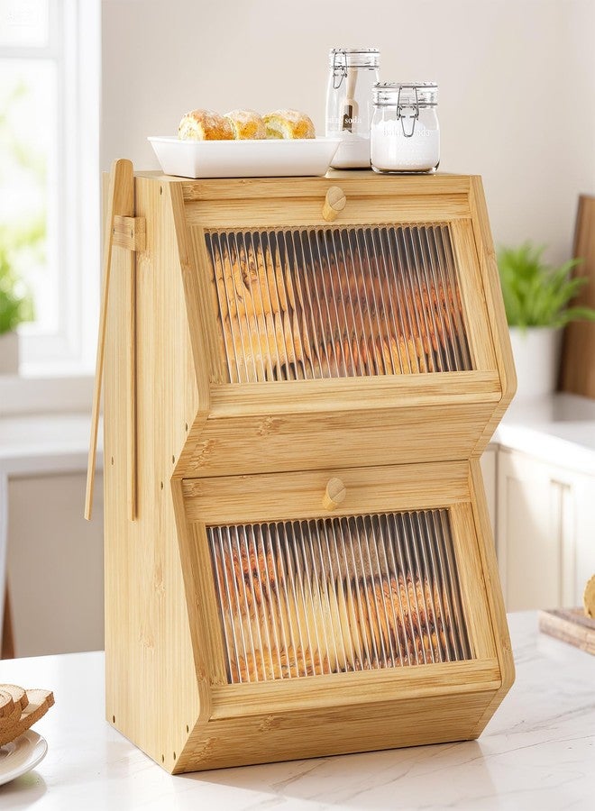 WOWLIVE Double Layer Bread Box for Kitchen Countertop, Large Bamboo Bread Storage Container for Homemade Bread, Farmhouse Bread Holder for Kitchen Counter Cabinet, Pantry, Cupboard (Natural, Medium) - Image 1
