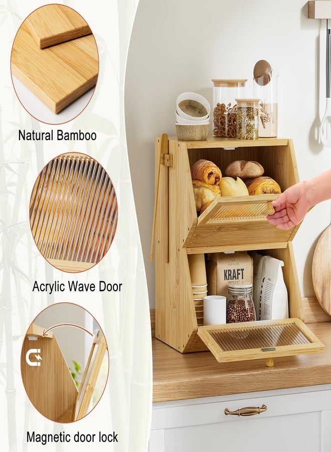 WOWLIVE Double Layer Bread Box for Kitchen Countertop, Large Bamboo Bread Storage Container for Homemade Bread, Farmhouse Bread Holder for Kitchen Counter Cabinet, Pantry, Cupboard (Natural, Medium) - Image 4