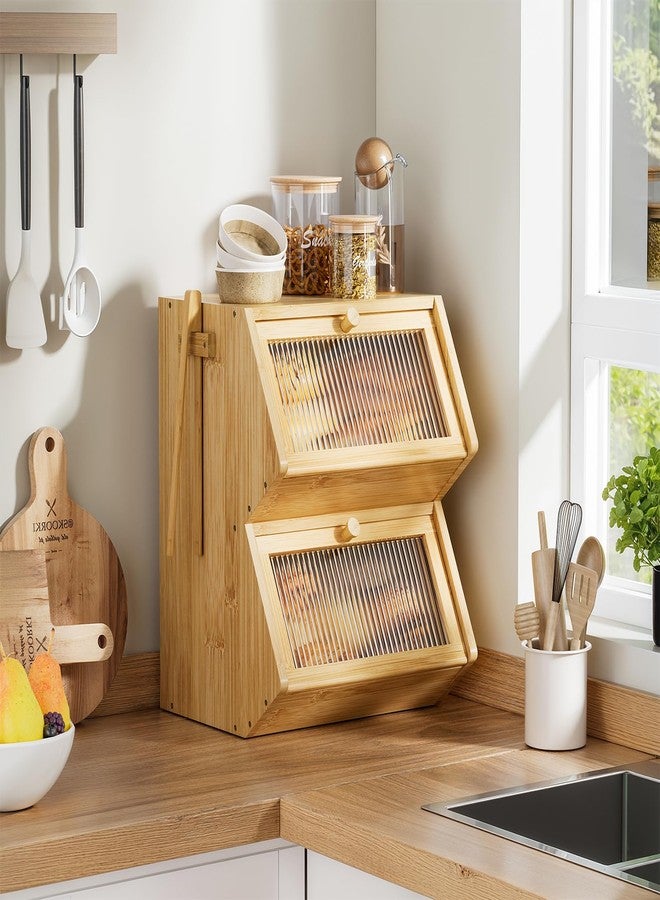 WOWLIVE Double Layer Bread Box for Kitchen Countertop, Large Bamboo Bread Storage Container for Homemade Bread, Farmhouse Bread Holder for Kitchen Counter Cabinet, Pantry, Cupboard (Natural, Medium) - Image 3