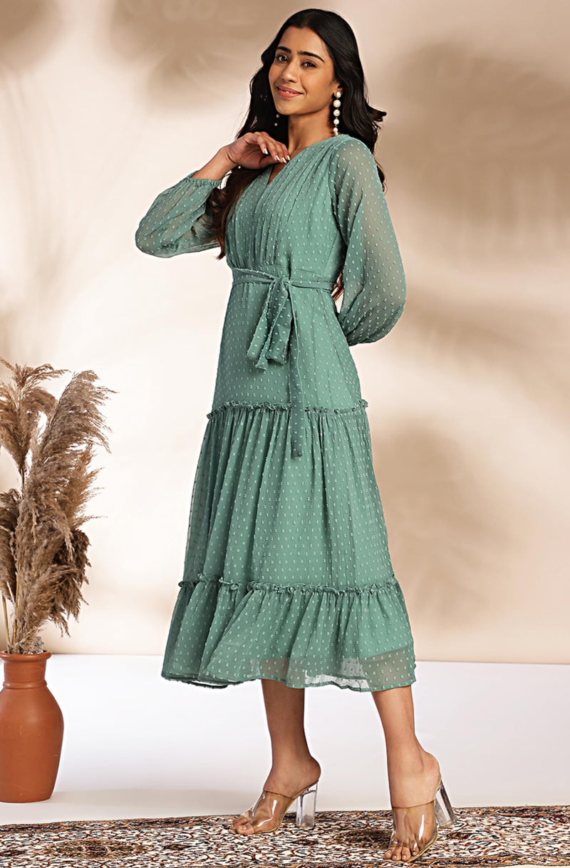 Janasya Women's Sage Dobby Chiffon Solid Tiered Dress(JNE4379-DR-S) - Image 5