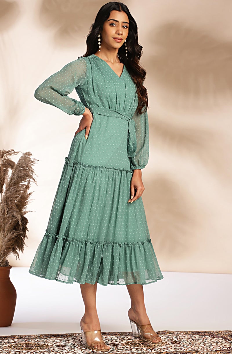 Janasya Women's Sage Dobby Chiffon Solid Tiered Dress(JNE4379-DR-S) - Image 4
