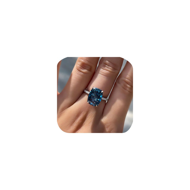 ZDIFDIC Square-Cut Blue Topaz Halo Cubic Zirconia CZ Engagement Rings Wedding Party Statement Cocktails Classic Sapphire 925 Sterling Silver Solitaire Diamond Anniversary Promise Ring For Women Size 8 - Image 1
