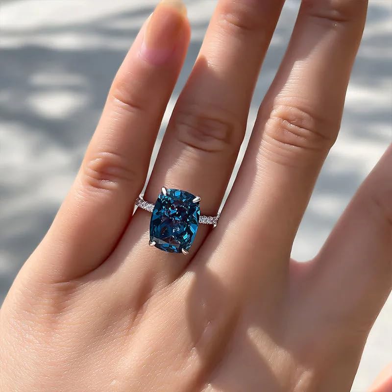 ZDIFDIC Square-Cut Blue Topaz Halo Cubic Zirconia CZ Engagement Rings Wedding Party Statement Cocktails Classic Sapphire 925 Sterling Silver Solitaire Diamond Anniversary Promise Ring For Women Size 8 - Image 2