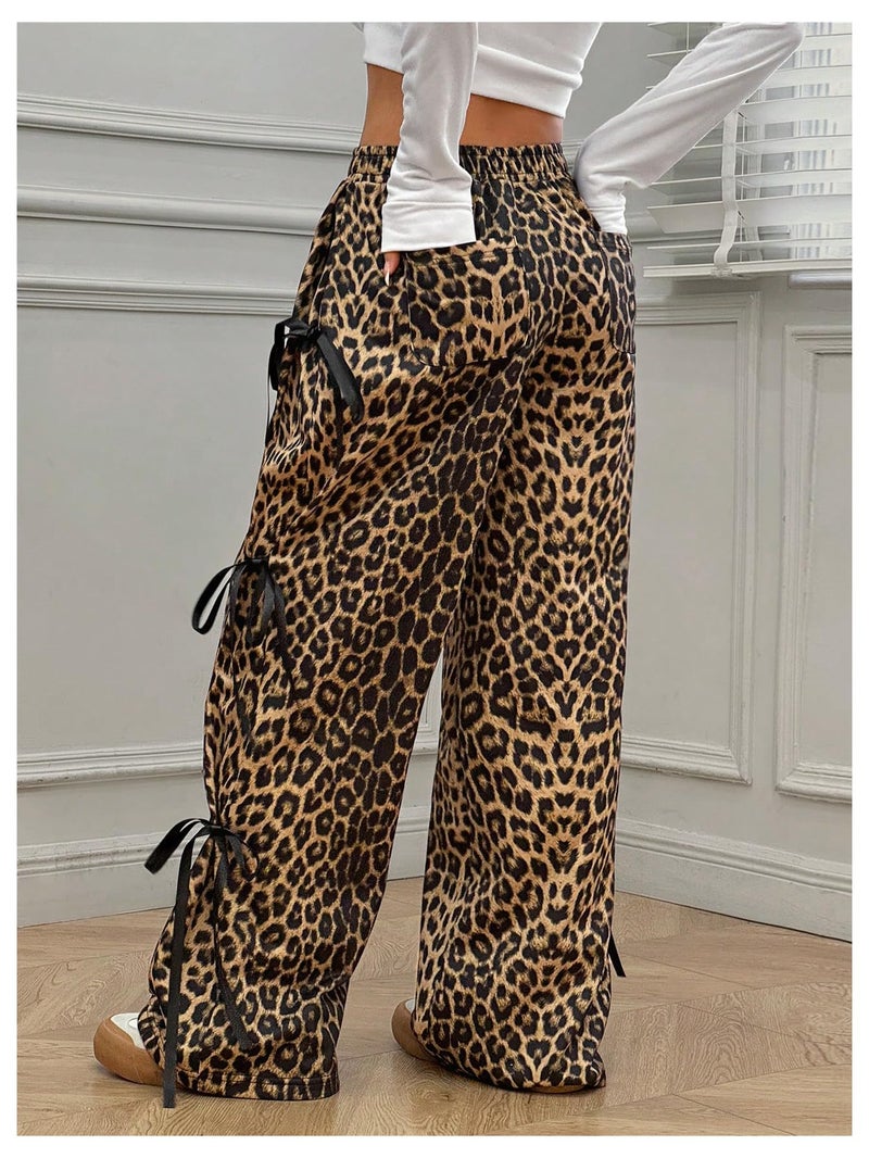 Verdusa Women's Bow Wide Leg Sweatpants Elastic Waist Casual Baggy Pants with Pocket Streetwear Going Out Leopard Large - Image 3