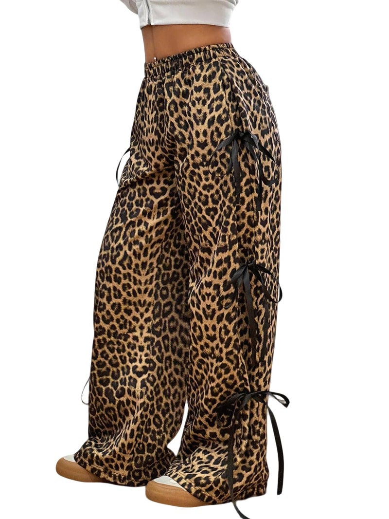 Verdusa Women's Bow Wide Leg Sweatpants Elastic Waist Casual Baggy Pants with Pocket Streetwear Going Out Leopard Large - Image 1