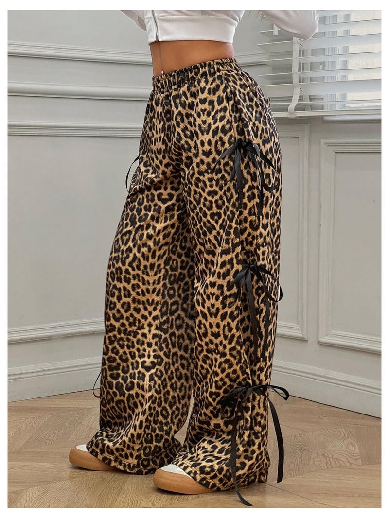 Verdusa Women's Bow Wide Leg Sweatpants Elastic Waist Casual Baggy Pants with Pocket Streetwear Going Out Leopard Large - Image 2