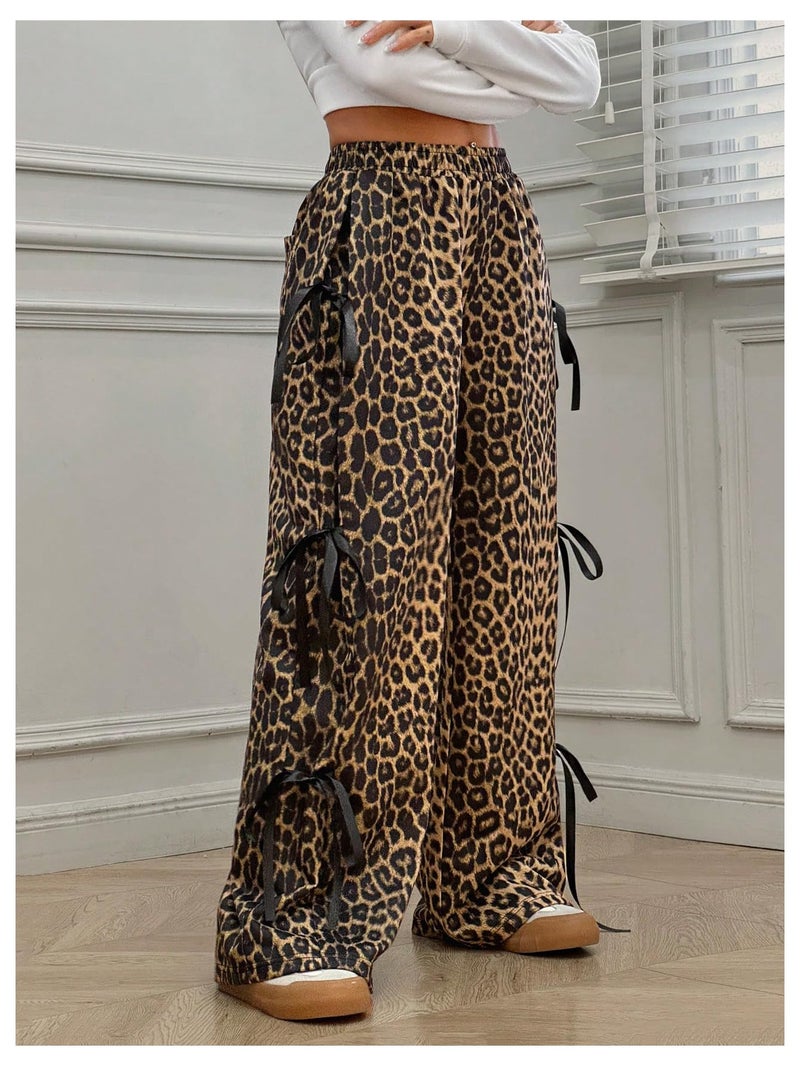 Verdusa Women's Bow Wide Leg Sweatpants Elastic Waist Casual Baggy Pants with Pocket Streetwear Going Out Leopard Large - Image 4