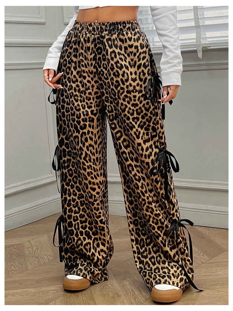 Verdusa Women's Bow Wide Leg Sweatpants Elastic Waist Casual Baggy Pants with Pocket Streetwear Going Out Leopard Large - Image 5