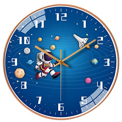 QINFIEY 12 Inch Silent Movement Kids Wall Clock Non Ticking Children Round Wall Clock Battery Operated Space Travel Style Decor Children Clock for Home School Boys Bedroom Living Room Blue2 - Image 1