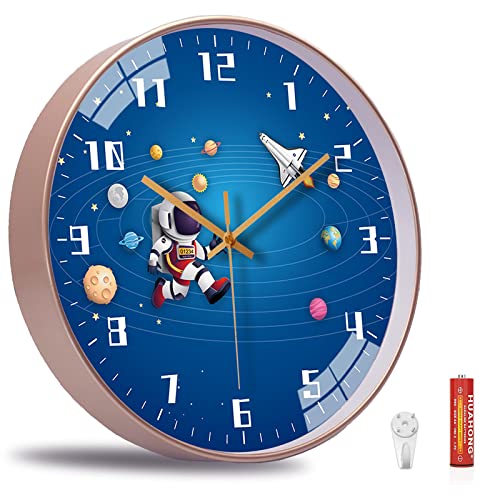 QINFIEY 12 Inch Silent Movement Kids Wall Clock Non Ticking Children Round Wall Clock Battery Operated Space Travel Style Decor Children Clock for Home School Boys Bedroom Living Room Blue2 - Image 3