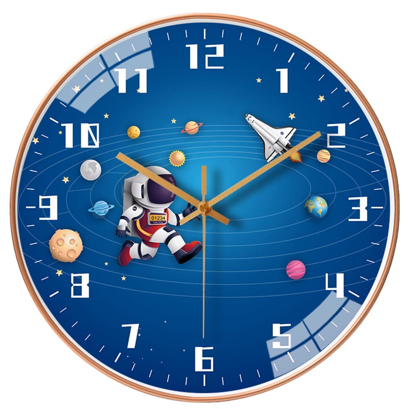 QINFIEY 12 Inch Silent Movement Kids Wall Clock Non Ticking Children Round Wall Clock Battery Operated Space Travel Style Decor Children Clock for Home School Boys Bedroom Living Room Blue2 - Image 2