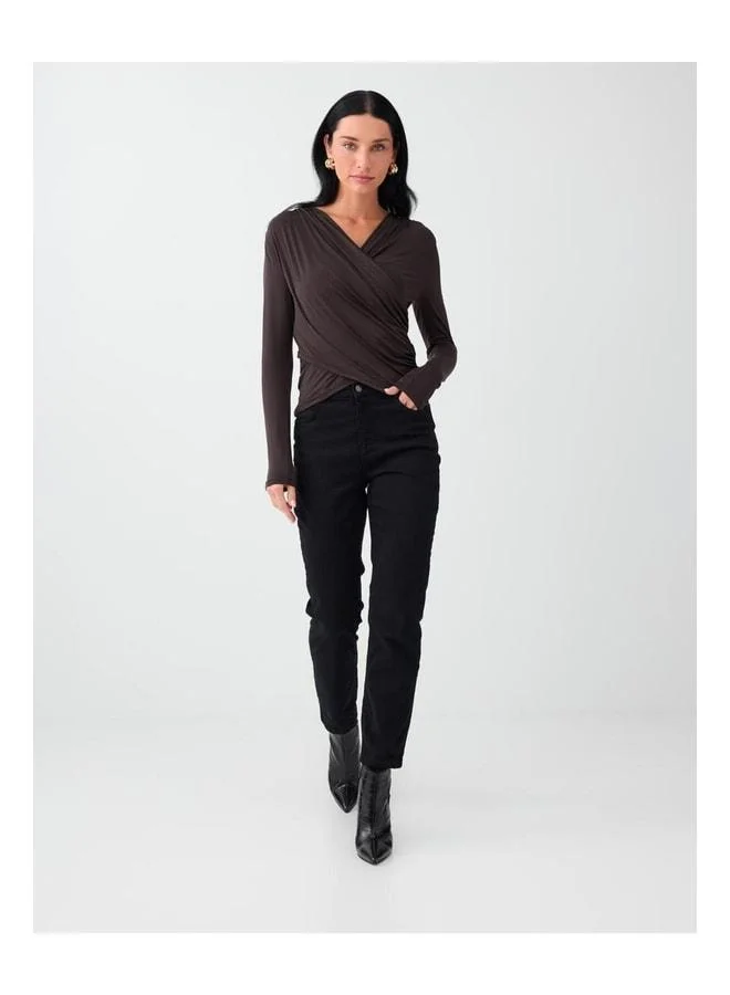 Jimmy Key Bitter Coffee Cross-Collar Slim Fit Long Sleeve Blouse.