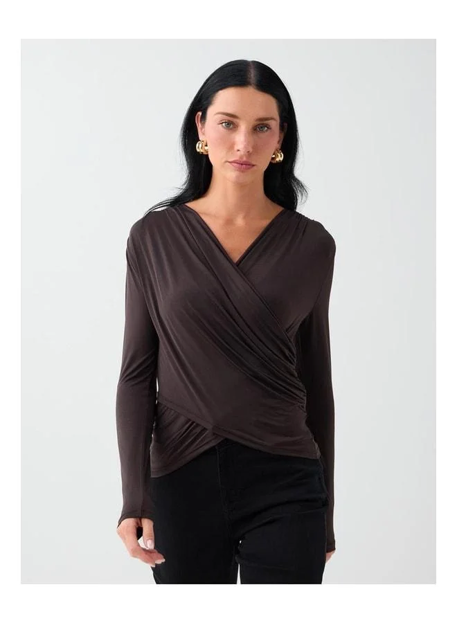 Jimmy Key Bitter Coffee Cross-Collar Slim Fit Long Sleeve Blouse.