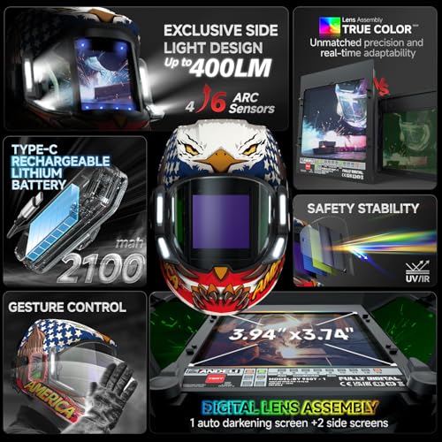 ANDELI Welding Helmet 180 Panoramic 6 Arc Sensor True Color Auto Darkening Welding Helmet with Light and Motion Sensing 2100mAh Rechargeable Battery for TIGMIGCutGrind MONERAELED - Image 3