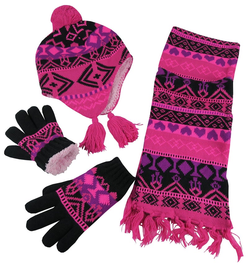N'Ice Caps Kids Hat Glove Scarf Girls Winter Knit Accessory Set Warm Sherpa Lined 3 Piece (8-12 Years, Fuchsia/Black/Neon Pink) - Image 1