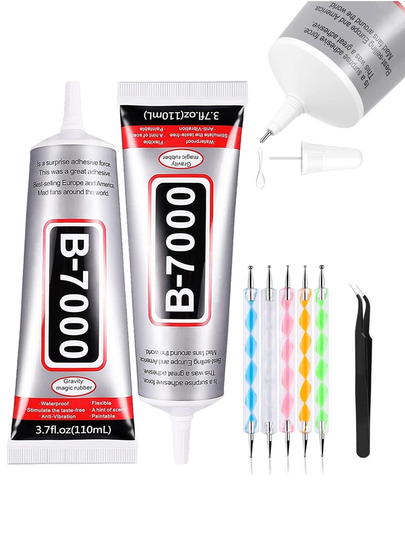 SUXUN Multi-functional Clear Glue, B7000 Craft Rhinestone Glue Set, 2 Bottles (110 Ml/3.7 Fl Oz), Includes 5 Dotting Pens and 1 Pair of Tweezers. Suitable for DIY Crafts, Makeup, Shoemaking, Jewelry Making, Nail Art, Etc. - Image 1