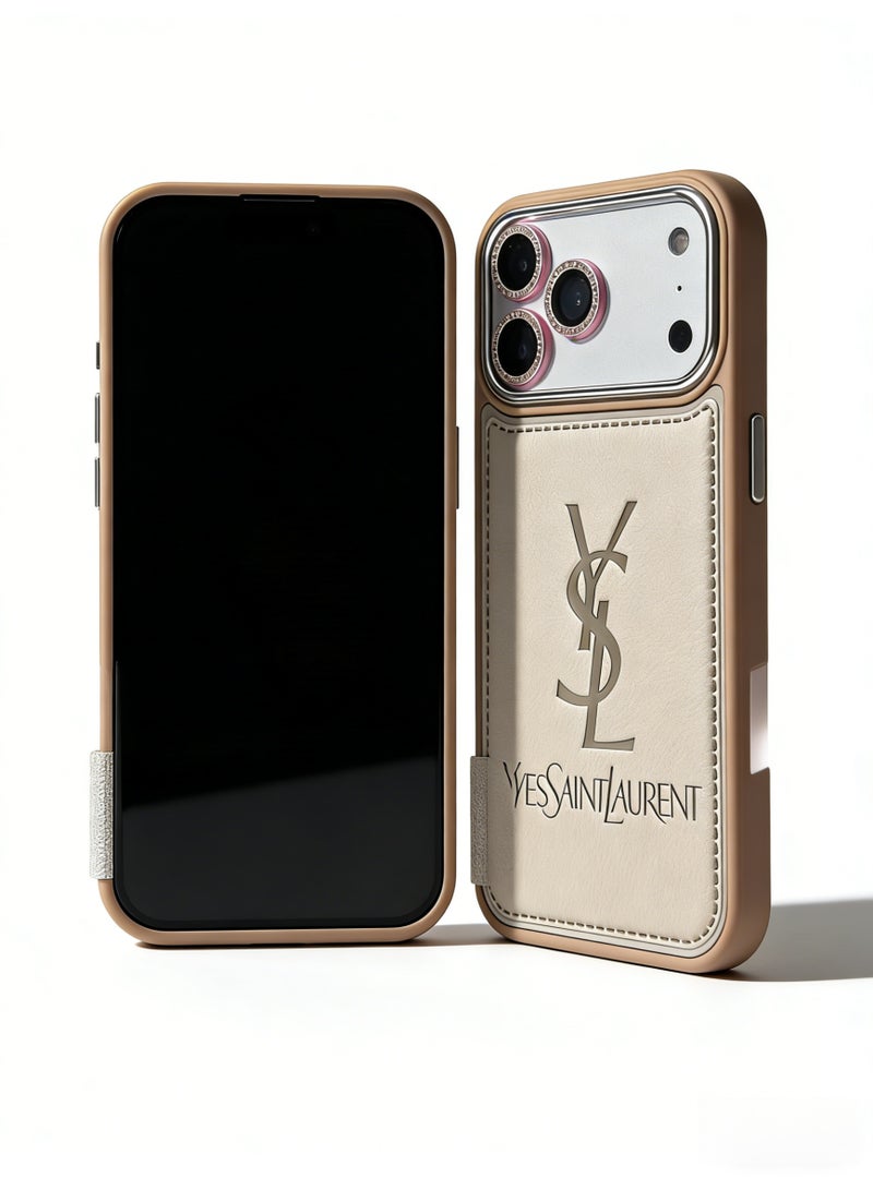 سانت لوران Yves Saint Laurent Leather Card Holder iPhone 16/17 Pro Max Case - Beige - Image 2