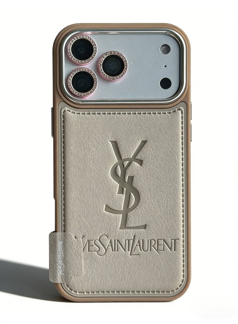 سانت لوران Yves Saint Laurent Leather Card Holder iPhone 16/17 Pro Max Case - Beige - Image 3