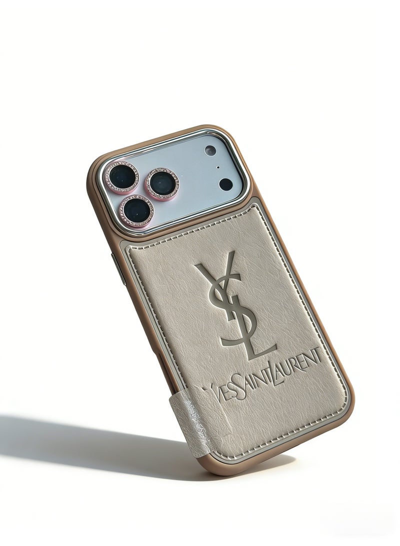 سانت لوران Yves Saint Laurent Leather Card Holder iPhone 16/17 Pro Max Case - Beige - Image 4