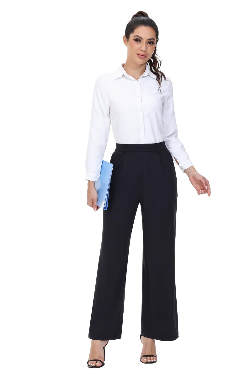 Blaosn Womens Dress Pants Straight Wide Leg Work Business Casual Trousers Wear Stretchy Pull on Office Slacks Travel Yoga Sweatpants High Waisted with Pockets Petite Comfy Lounge Trendy Clothes Black 29" S - Image 4
