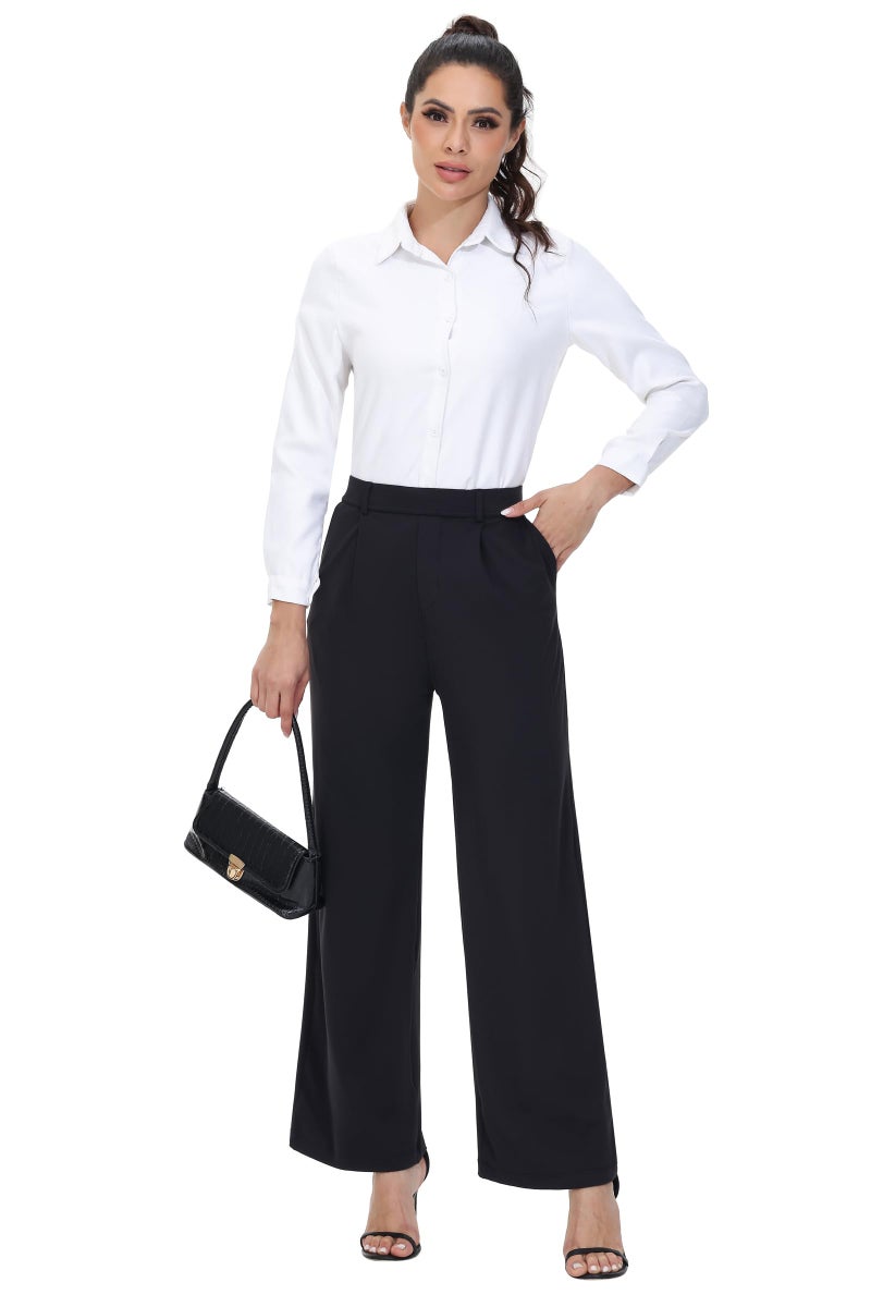 Blaosn Womens Dress Pants Straight Wide Leg Work Business Casual Trousers Wear Stretchy Pull on Office Slacks Travel Yoga Sweatpants High Waisted with Pockets Petite Comfy Lounge Trendy Clothes Black 29" S - Image 5