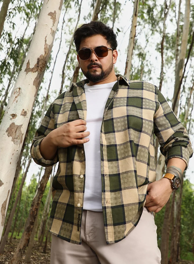 Instafab Plus Instafab Plus Men Grid-Buffalo Check Jacquard Shirt | Spread Collar , Long Cuffed Sleeves | Button Closure , Curved Hem | Checks Jacquard | Woven Fabric For Casual & Daily Wear | Olive & Beige