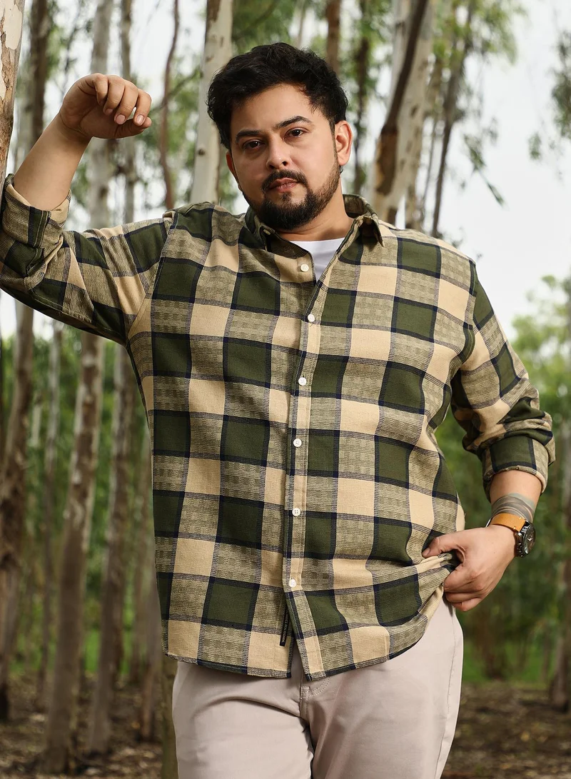 Instafab Plus Instafab Plus Men Grid-Buffalo Check Jacquard Shirt | Spread Collar , Long Cuffed Sleeves | Button Closure , Curved Hem | Checks Jacquard | Woven Fabric For Casual & Daily Wear | Olive & Beige