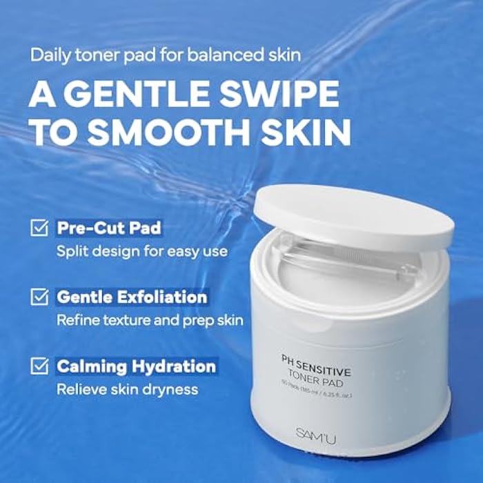 SAM'U SAM’U PH Sensitive Toner Pad – Splitable Dual-Textured Vegan Facial Exfoliating Pads with Hyaluronic Acid & Panthenol for Daily Hydration & Soothing - Korean Skin Care (60 Pads) - Image 2