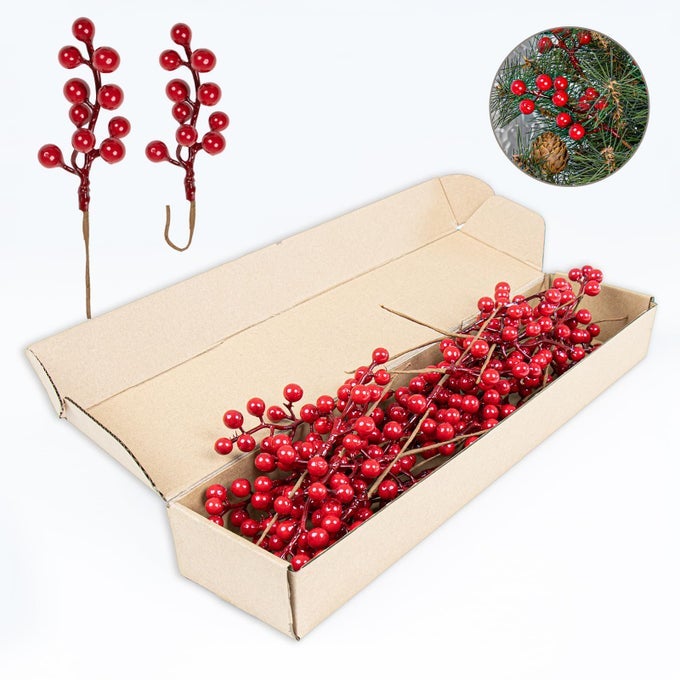 32 PACK CHRISTMAS TREE DECORATIONS ARTIFICIAL RED BERRY STEMS 65 INCH CHRISTMAS BERRY PICKS WITH HOLLY BERRIES FOR XMAS WINTER HOLIDAY HOME DIY ORNAMENTS