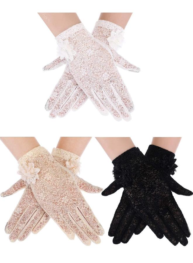 Skylety 3 Pairs Women Lace Gloves Dress Gloves Floral Lace Gloves for Tea Party Wedding Dinner(Black, White, Skin Color)  - Image 3