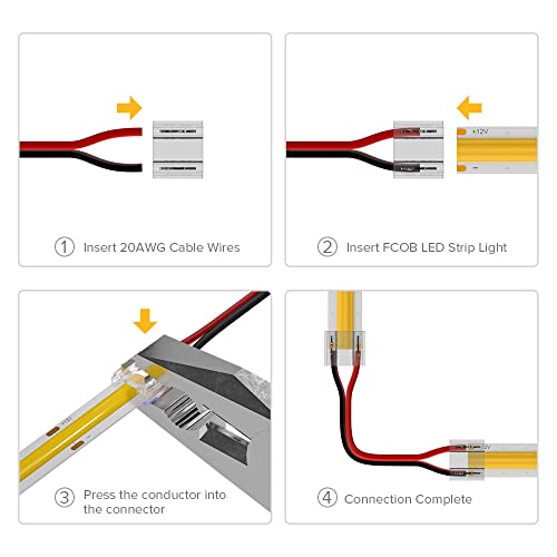 BTF-LIGHTING FCOB COB 10mm 0.39in Connector Kit 14pcs Transparent Connector 5pcs 15cm Long 20AWG Extension Wires for Non-Wired Gapless Solderless,FCOB 2 pin v+ v- Single Color Strip Corner Connection - Image 5