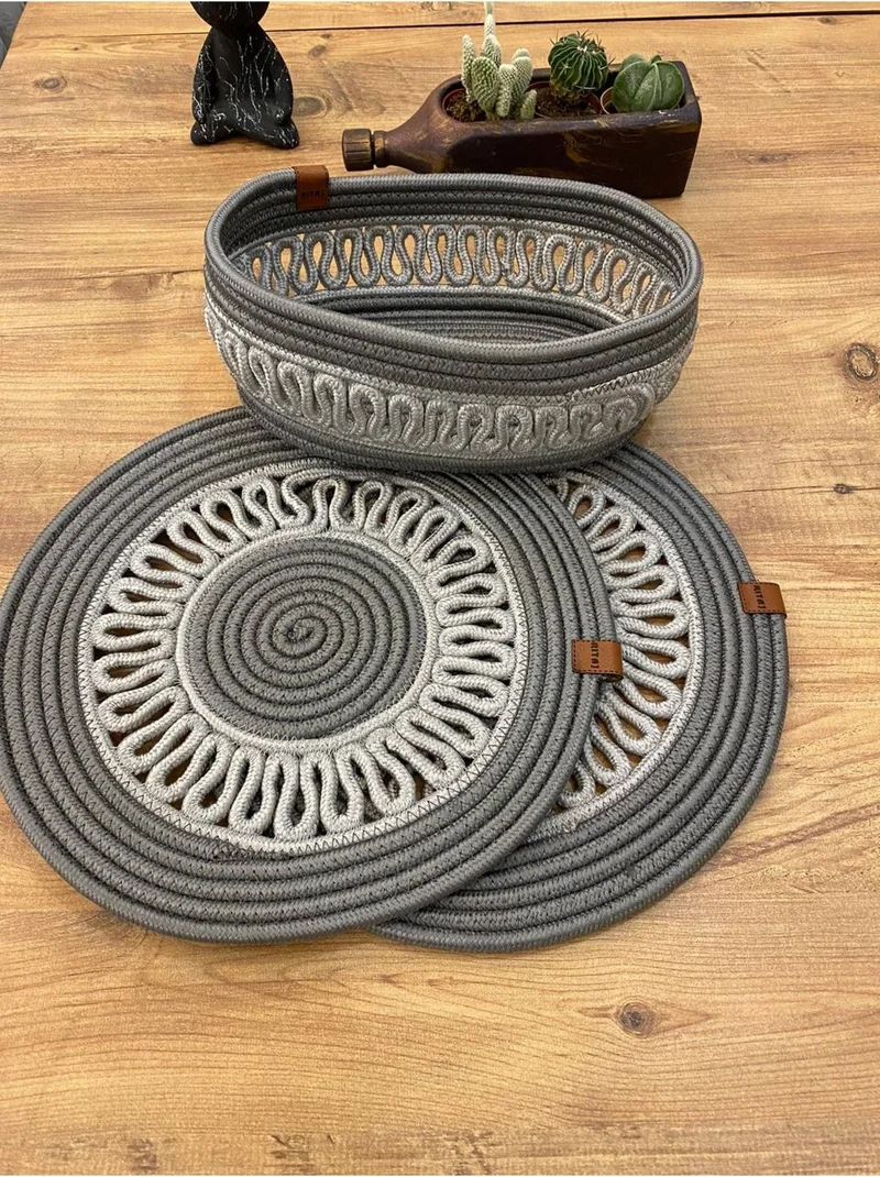 BDZ Deri BDZ Leather Wicker Jute Presentation Plate Mat American Service and Basket 3 Pieces