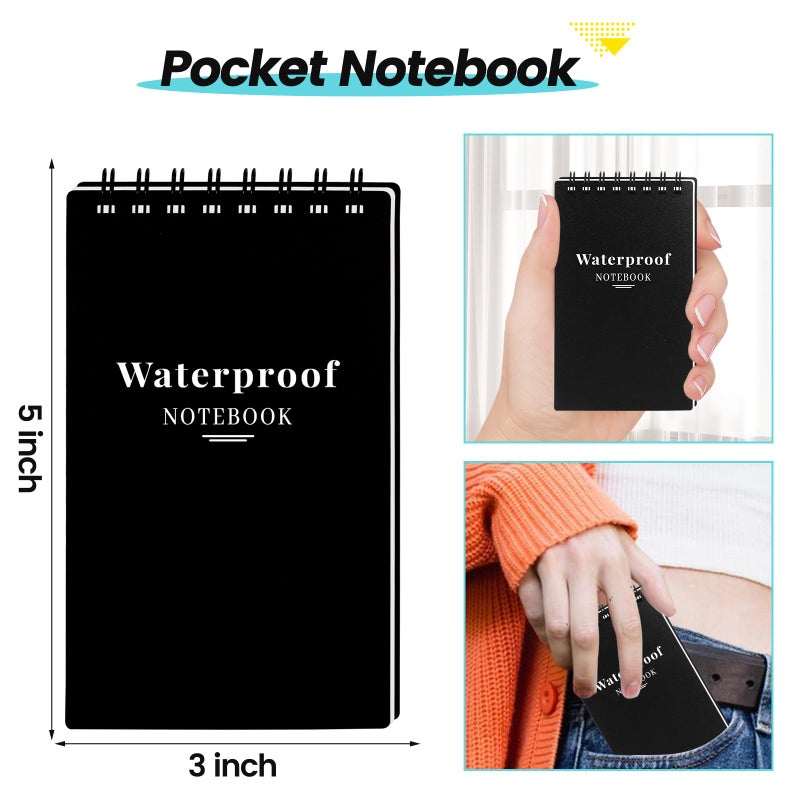 wavamawa 6 Pack Waterproof Notebook, 3x5 Pocket Notepad, Small Top Spiral Stone-Paper Notepad, Mini Pocket Notebook, Little Memo Note Pads for Outdoor, Office, School, Travel (Black) - Image 3