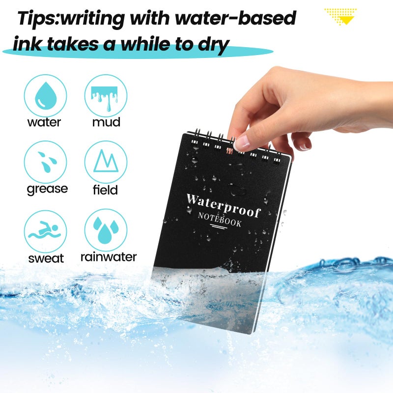 wavamawa 6 Pack Waterproof Notebook, 3x5 Pocket Notepad, Small Top Spiral Stone-Paper Notepad, Mini Pocket Notebook, Little Memo Note Pads for Outdoor, Office, School, Travel (Black) - Image 2