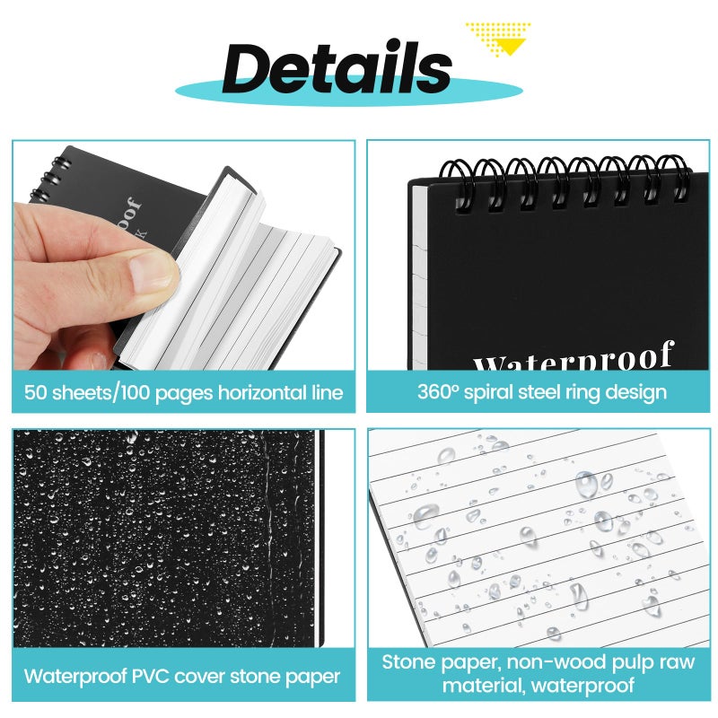 wavamawa 6 Pack Waterproof Notebook, 3x5 Pocket Notepad, Small Top Spiral Stone-Paper Notepad, Mini Pocket Notebook, Little Memo Note Pads for Outdoor, Office, School, Travel (Black) - Image 5