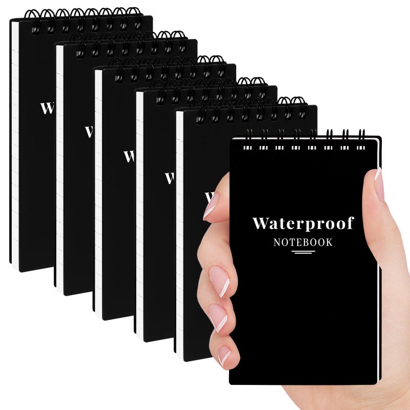 wavamawa 6 Pack Waterproof Notebook, 3x5 Pocket Notepad, Small Top Spiral Stone-Paper Notepad, Mini Pocket Notebook, Little Memo Note Pads for Outdoor, Office, School, Travel (Black) - Image 1