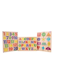 Bumtum BUMTUM Wooden Number(1-20) & Alphabets, Shapes Board Puzzle Games with Knob | Educational Learning Toys Board for Kids 3+ Years (Set of 3, Multicolour)  - Image 1