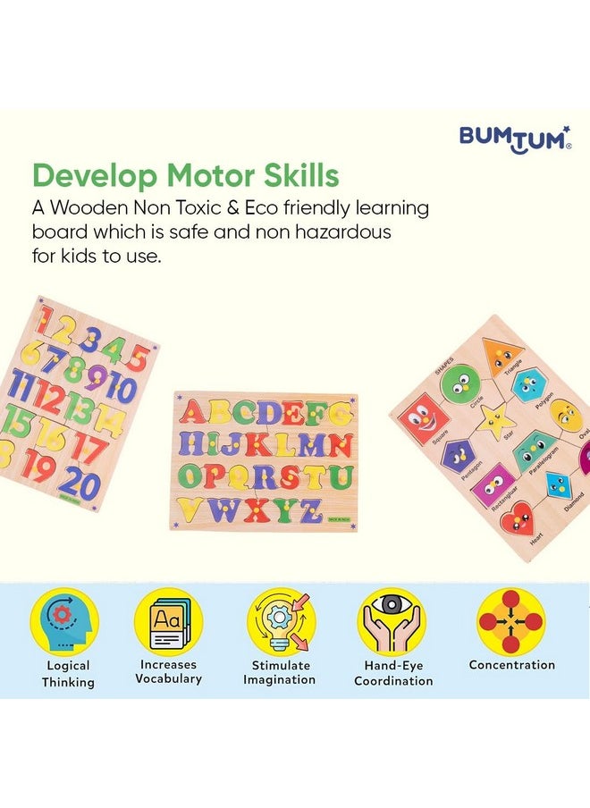 Bumtum - BUMTUM Wooden Number(1-20) & Alphabets, Shapes Board Puzzle Games with Knob | Educational Learning Toys Board for Kids 3+ Years (Set of 3, Multicolour) - Image 1