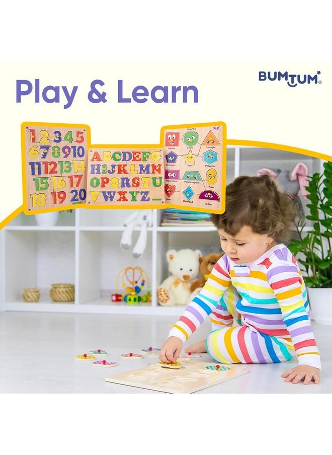Bumtum - BUMTUM Wooden Number(1-20) & Alphabets, Shapes Board Puzzle Games with Knob | Educational Learning Toys Board for Kids 3+ Years (Set of 3, Multicolour) - Image 1