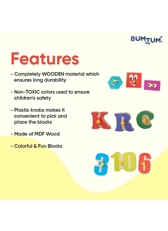 Bumtum - BUMTUM Wooden Number(1-20) & Alphabets, Shapes Board Puzzle Games with Knob | Educational Learning Toys Board for Kids 3+ Years (Set of 3, Multicolour) - Image 1