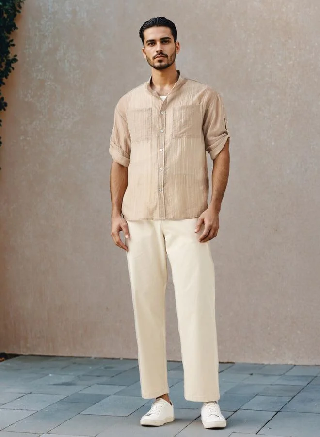 Iconic Iconic Textured Mandarin Shirt with 3/4 Sleeves and Chest Pockets